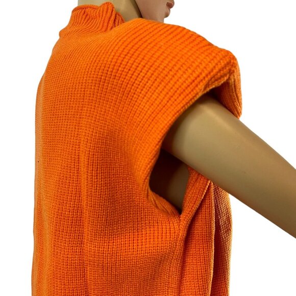 Women Sweater Shoulder Pad Knit Vest Medium Orange High Neck Cotton Top Knit - Picture 6 of 16